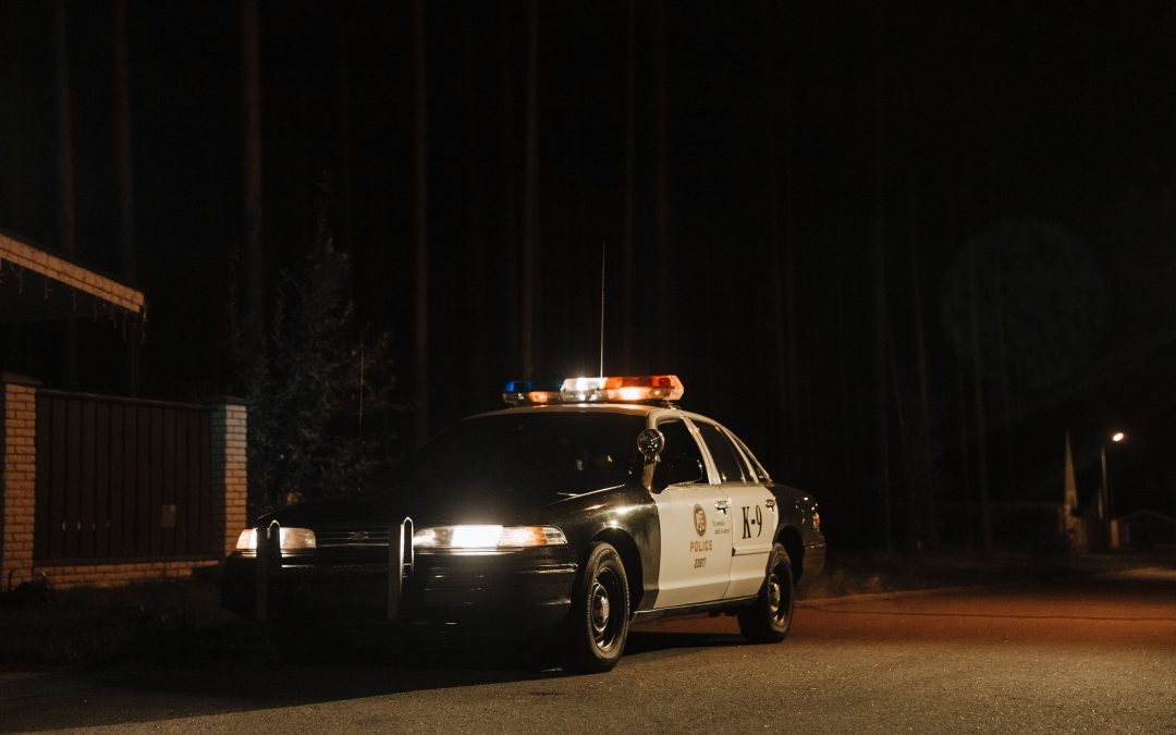 police car in the dark with the lights on - assault and battery on a police officer